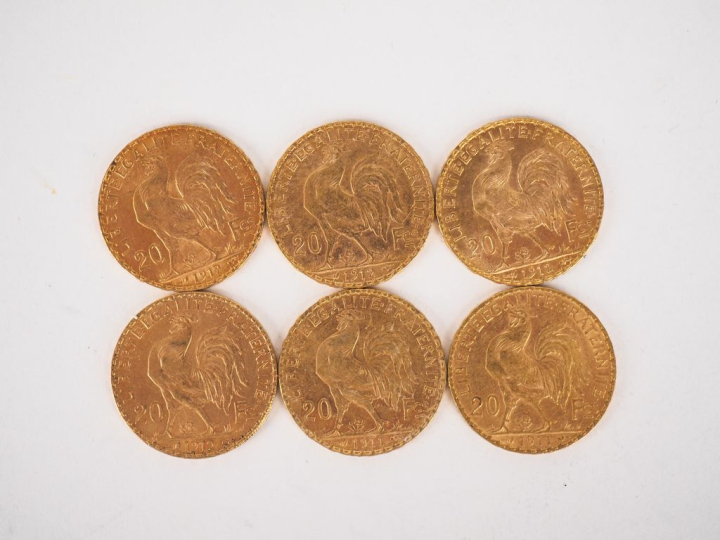 Six pièces de 20 Francs or, 1911 (x2) et 1912 (x4). FRAIS ACHETEURS 10