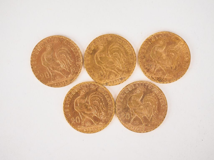 Cinq pièces de 20 Francs or, 1913. FRAIS ACHETEURS 10% HT.   
