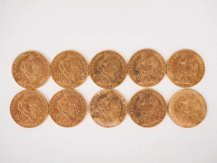 Dix pièces de 20 Francs or, 1914. FRAIS ACHETEURS 10% HT.   