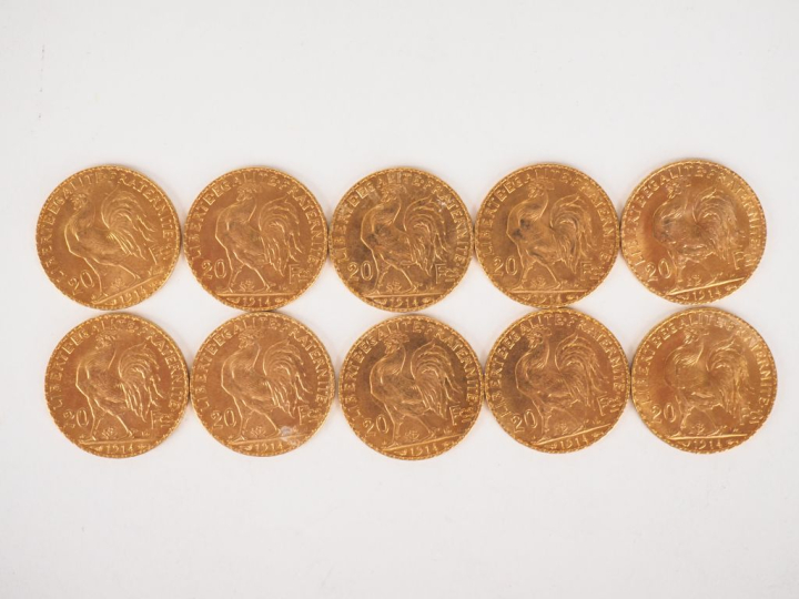 Dix pièces de 20 Francs or, 1914. FRAIS ACHETEURS 10% HT.   