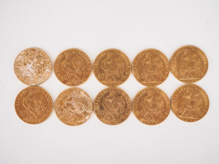 Dix pièces de 20 Francs or, 1914. FRAIS ACHETEURS 10% HT.   