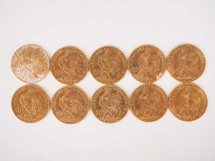 Dix pièces de 20 Francs or, 1914. FRAIS ACHETEURS 10% HT.   