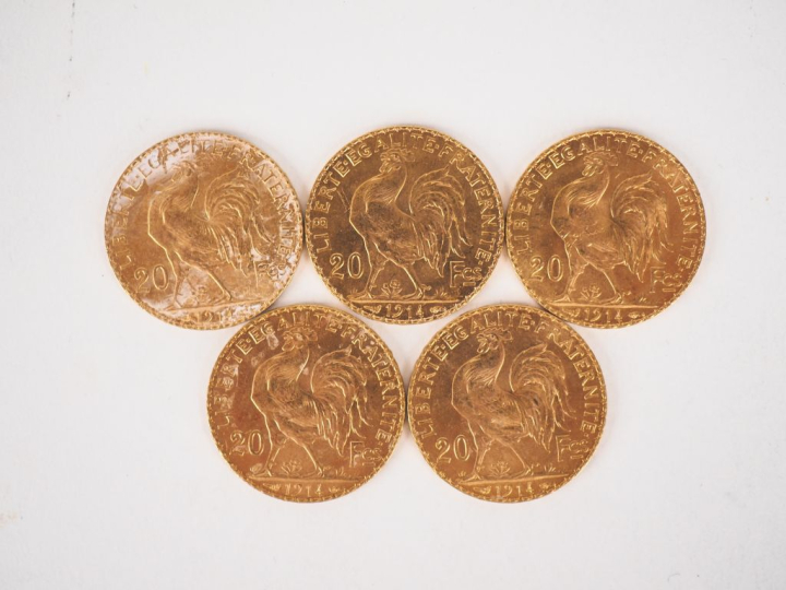 Cinq pièces de 20 Francs or, 1914. FRAIS ACHETEURS 10% HT.   