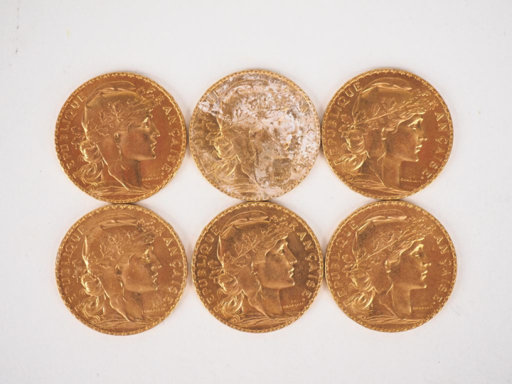 Six pièces de 20 Francs or, 1914. FRAIS ACHETEURS 10% HT.   