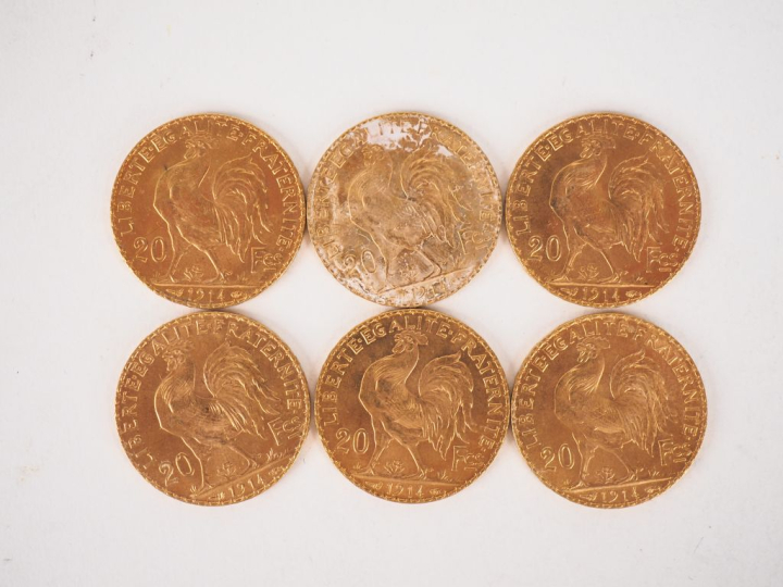 Six pièces de 20 Francs or, 1914. FRAIS ACHETEURS 10% HT.   