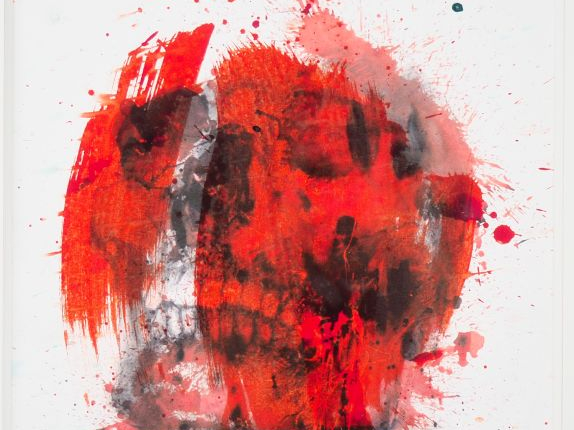 Philippe PASQUA (Né en 1965) "Tête de mort" Technique mixte sur papier