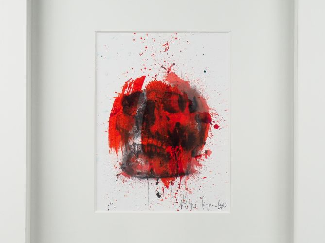 Philippe PASQUA (Né en 1965) "Tête de mort" Technique mixte sur papier