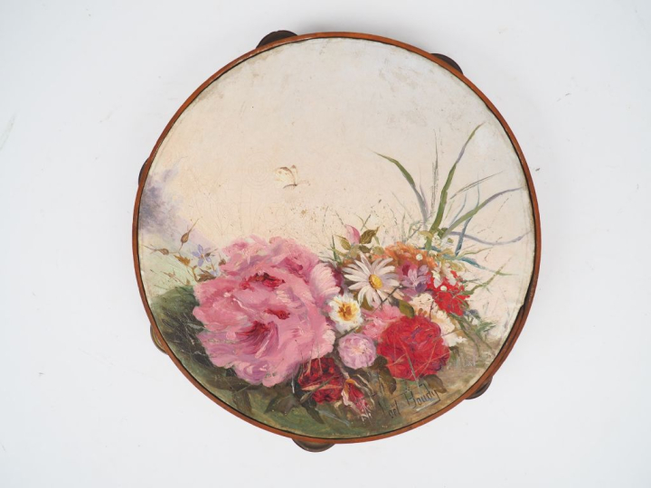 Tambourin 1900 peint par Joel Boudin "bouquet de fleurs et papillons".