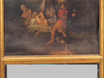 Trumeau fin XVIIIème-début XIXème en bois doré, peinture à décor de sc