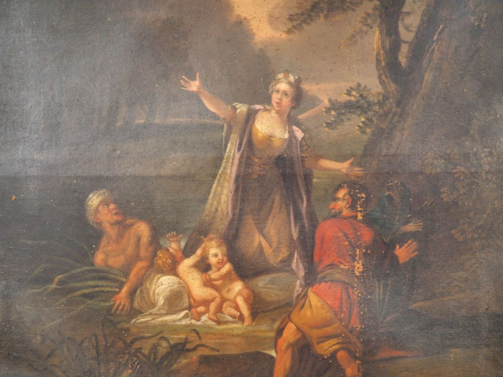 Trumeau fin XVIIIème-début XIXème en bois doré, peinture à décor de sc