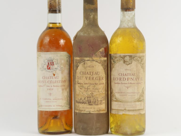3 BOUTEILLES de 1959 : 1 CHÂTEAU MONT CELESTINS BG - 1 CHÂTEAU BORDENA