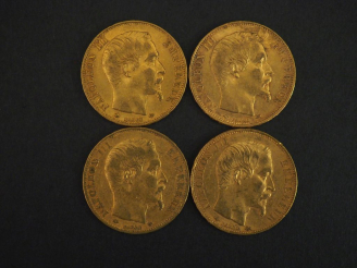 Vente aux enchères Quatre pièces de 20 Francs or, 1859-A (x3) et 1859-BB.  FRAIS ACHETEUR