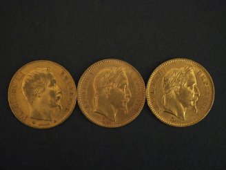 Vente aux enchères Trois pièces de 20 Francs or, 1860-BB, 1863-A et 1865-A.  FRAIS ACHETE