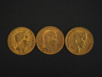Vente aux enchères Trois pièces de 20 Francs or, 1866-A, 1868-A et 1869-BB. FRAIS ACHETEU