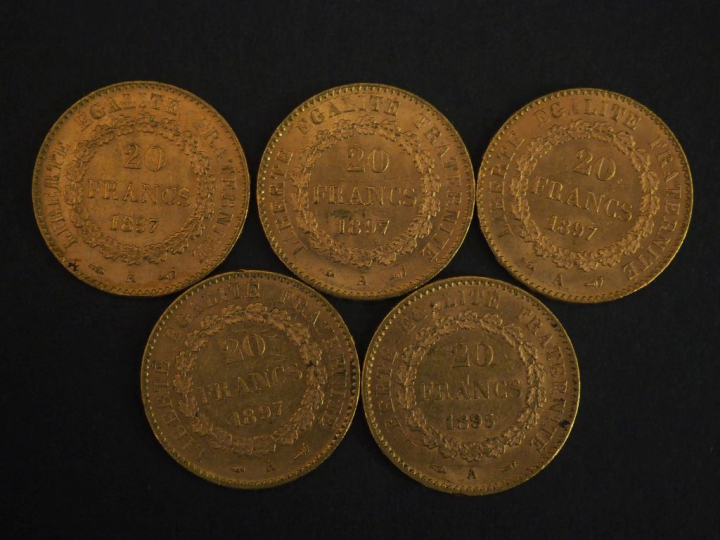 Cinq pièces de 20 Francs or, 1895-A et 1897-A (x4). FRAIS ACHETEURS 10