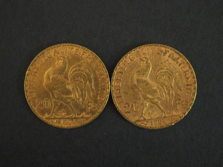 Deux pièces de 20 Francs or, 1904. FRAIS ACHETEURS 10% HT.   