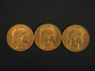 Vente aux enchères Trois pièces de 20 Francs or, 1906, 1911 et 1914. FRAIS ACHETEURS 10% 