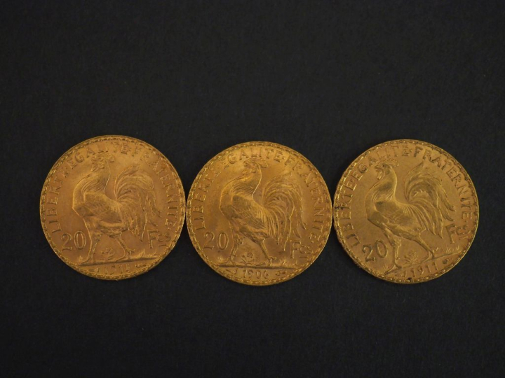 Trois pièces de 20 Francs or, 1906, 1911 et 1914. FRAIS ACHETEURS 10% 