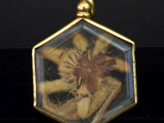 Vente aux enchères Pendentif hexagonal en or jaune 750 et verre, serti de fleurs sechées.