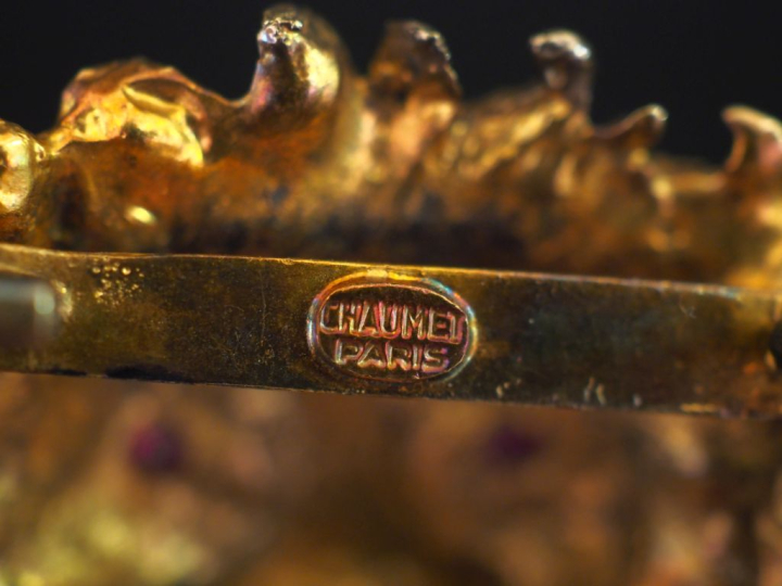 Broche en métal doré, figurant un lion.  Les yeux sertis de pierres ro