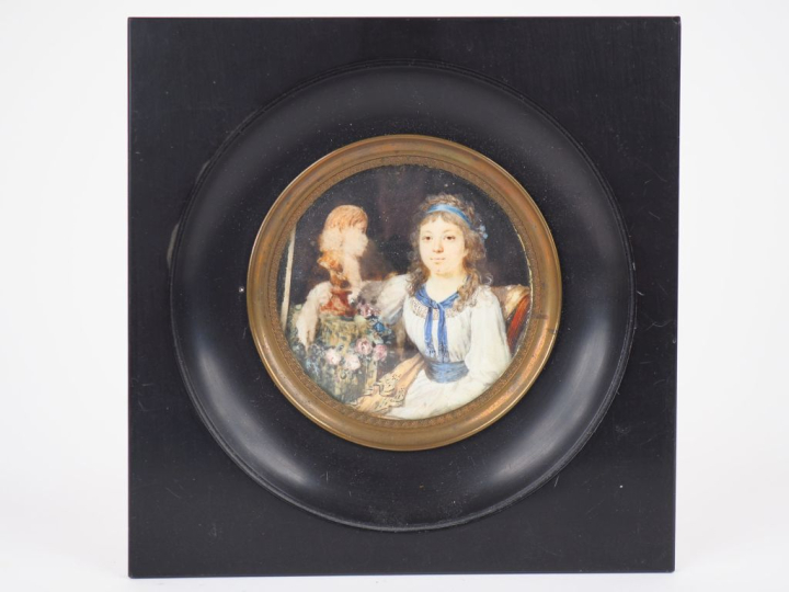 Miniature fin XIXème - début Xxème, "portait de jeune fille". Diam. 6,