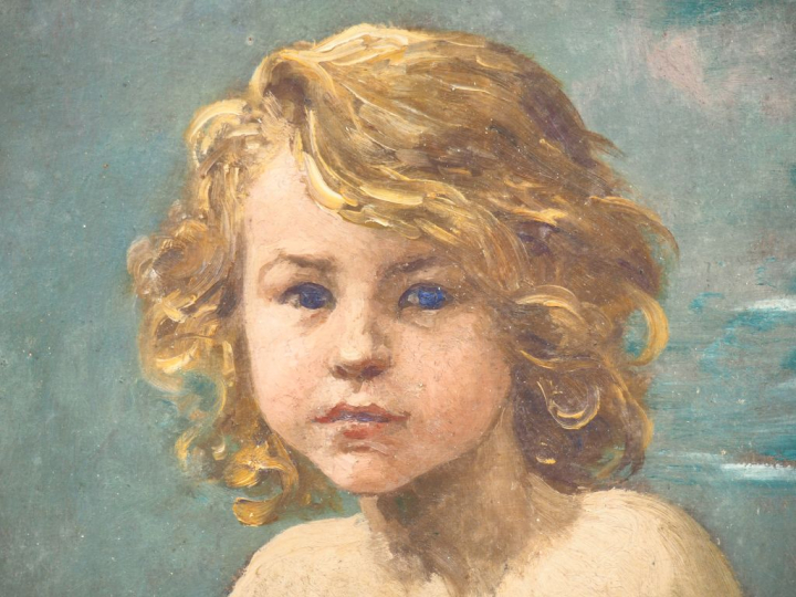 Virginie DEMONT-BRETON. "Portrait d'enfant".  Huile sur panneau, signé