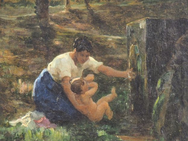 Virginie DEMONT-BRETON. "la douche".  Huile sur toile, signée en bas à