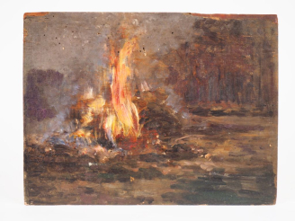 Vente aux enchères Virginie DEMONT-BRETON. "Feu de charbonnier, forêt de Sénard".  Huile 
