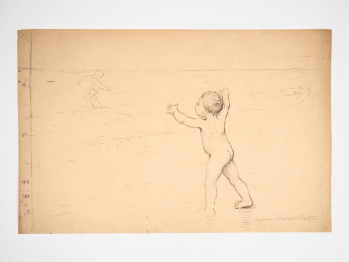 Virginie DEMONT-BRETON. "Enfant sur la plage".  Crayon, signé en bas à