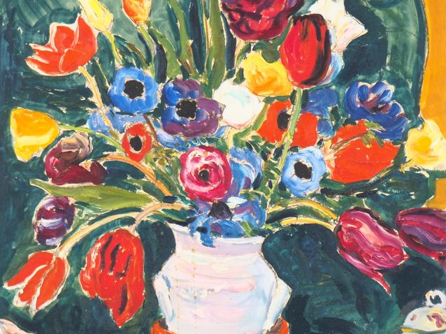 Mario CAVAGLIERI.  "bouquet de tulipes et de renoncules". Huile sur ca
