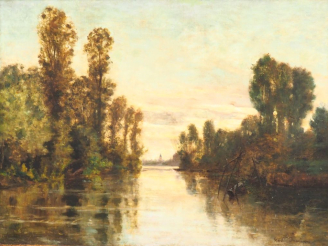 Vente aux enchères Karl DAUBIGNY.  "Paysage lacustre" Huile sur toile, signée en bas à dr