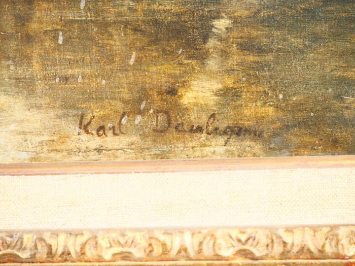 Karl DAUBIGNY.  "Paysage lacustre" Huile sur toile, signée en bas à dr