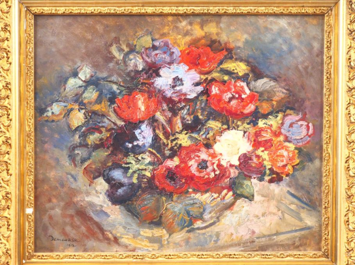 DEMEURISSE.  "Bouquet d'anémones".  Huile sur toile, signée en bas à g
