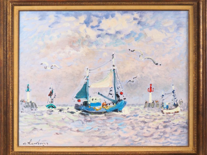 A. HAMBOURG.  "trois chalutiers rentrent au port (Trouville)". Huile s