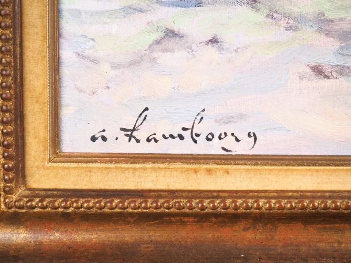 A. HAMBOURG.  "trois chalutiers rentrent au port (Trouville)". Huile s