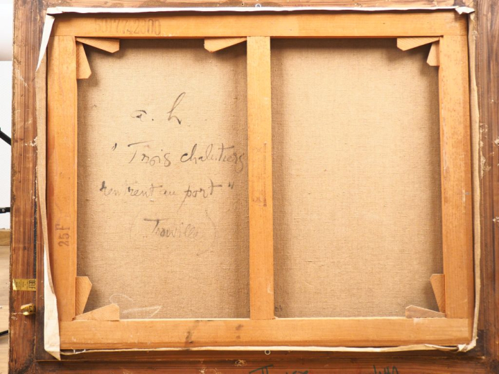 A. HAMBOURG.  "trois chalutiers rentrent au port (Trouville)". Huile s