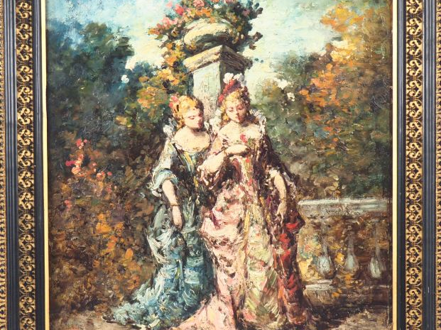 MONTICELLI.  "Elégantes dans un parc" Huile sur panneau d'acajou, sign