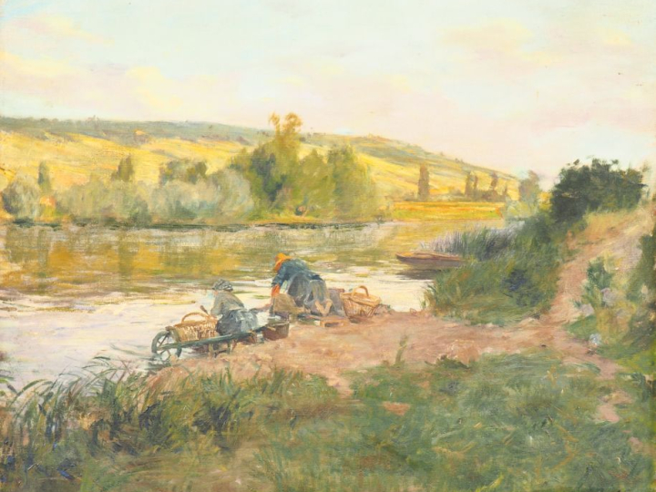 Ernest MIDY. "les lavandières".  Huile sur toile, signée en bas à droi
