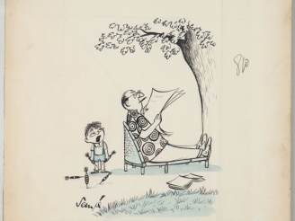 Vente aux enchères SEMPE.  Encre et aquarelle "Dis Papa... " Dim. 32.5 x 25 cm Experts : 