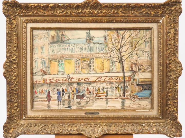 STANLEY.  "Paris, devant la brasserie Tout va bien" Aquarelle, signée,