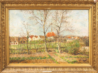Vente aux enchères Louis TAUZIN.  "vue de village". Huile sur toile, signée en bas à droi