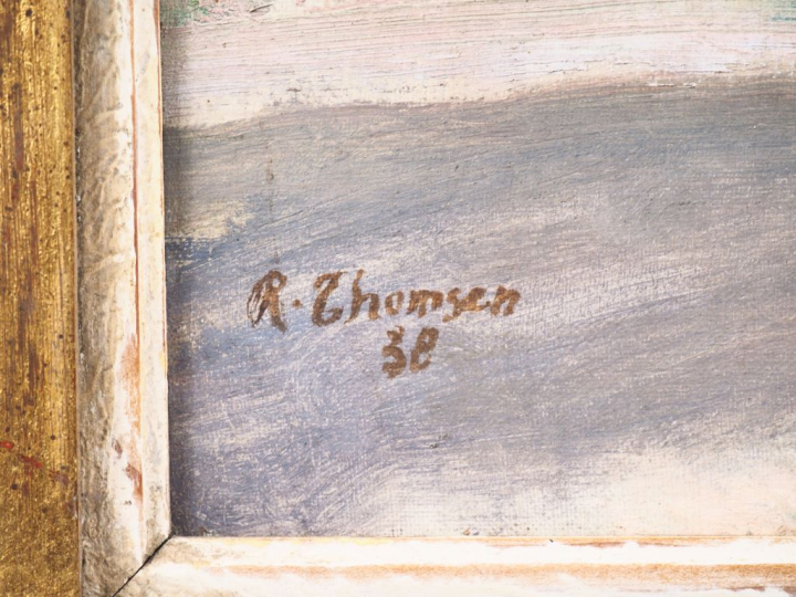 R. THOMSEN.  "paysage avec habitation" Huile sur toile, signée en bas 