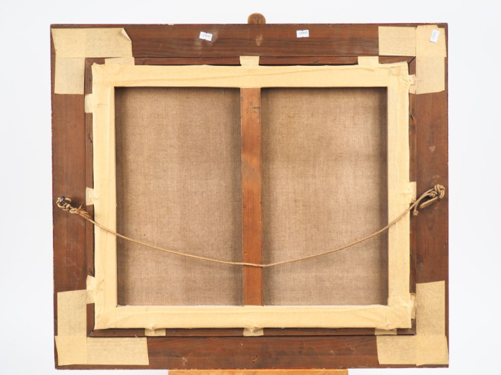 R. THOMSEN.  "paysage avec habitation" Huile sur toile, signée en bas 