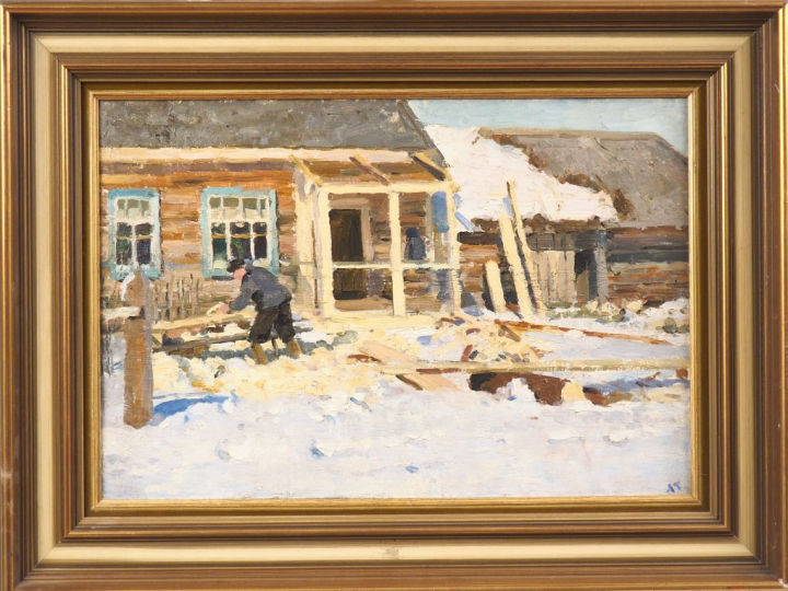 Léonid TKATCHENKO.  "au travail".  Huile sur toile, non signée  Dim. 3