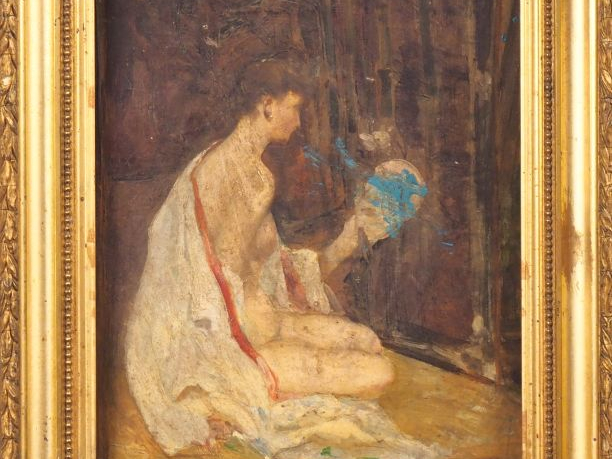Ecole française XIXème.  "jeune fille dénudée au miroir". Huile sur to