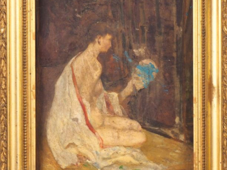Vente aux enchères Ecole française XIXème.  "jeune fille dénudée au miroir". Huile sur to