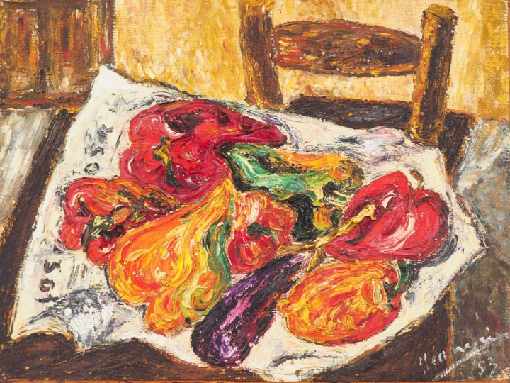 Ecole française début XXème  "Nature morte aux poivrons" Huile sur pan