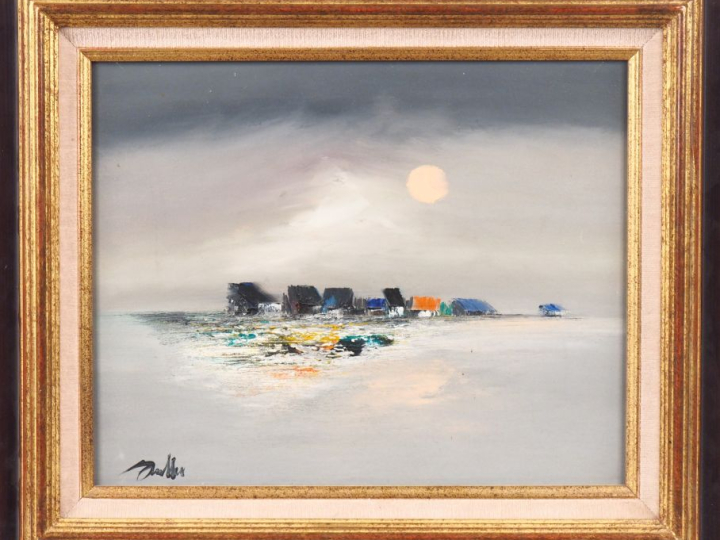 Ecole française XXème.  "paysage insolite". Huile sur toile, signée en