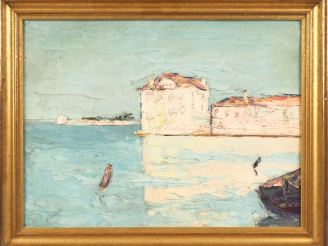 Vente aux enchères Ecole française XXème.  "le port" Huile sur carton, signée  Dim. 46 x 