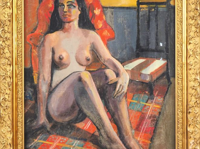 Ecole française XXème "nue au Prie Dieu" Huile sur toile, monogrammée 